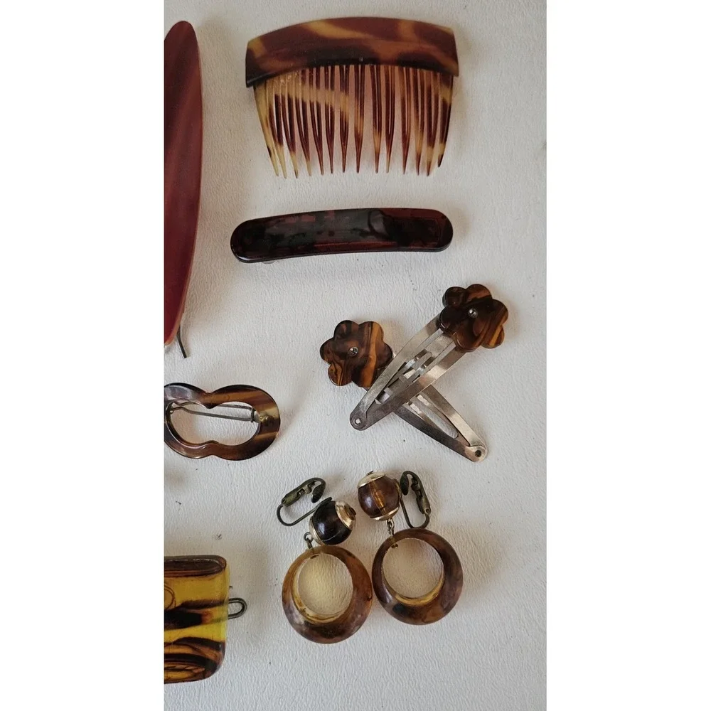 Vtg Celluloid  Tortoise Hair Comb/Clips Belt Buckle Earring Lot